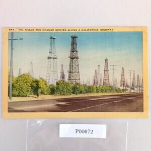 Oil Wells & Orange Groves Along a California Highway 1930s Linen Postcard CA